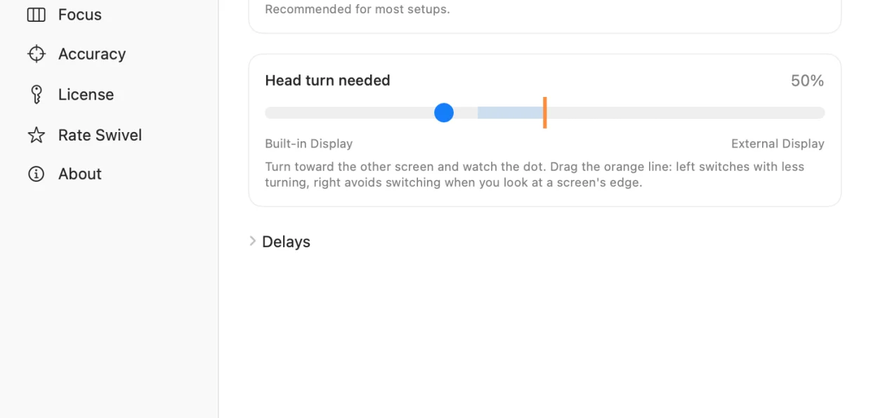 Swivel’s Feel settings: Calm, Balanced and Snappy presets, and the live “Head turn needed” bar with the switch line