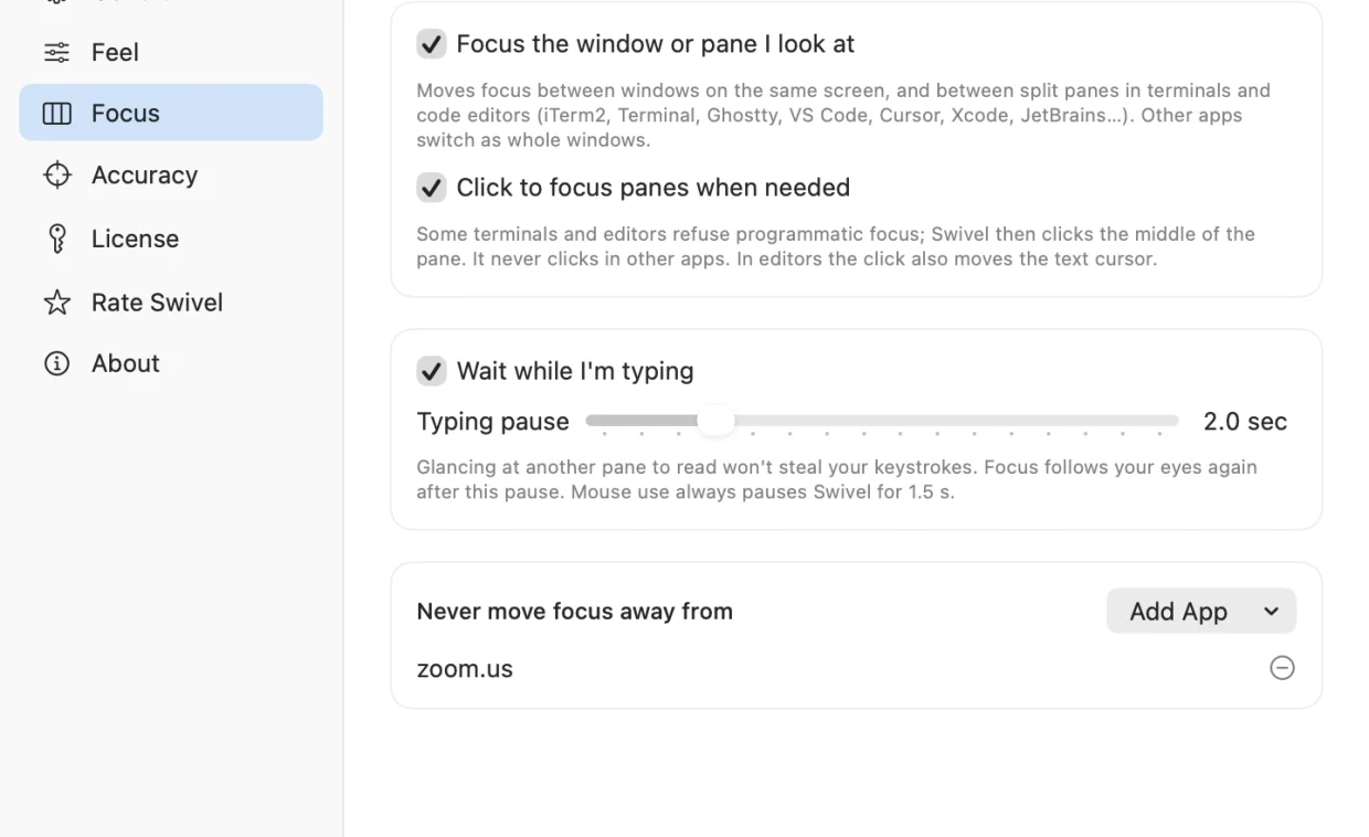 Swivel’s Focus settings: focus the window or pane I look at, click to focus panes when needed, wait while typing for 2 seconds, and never move focus away from zoom.us
