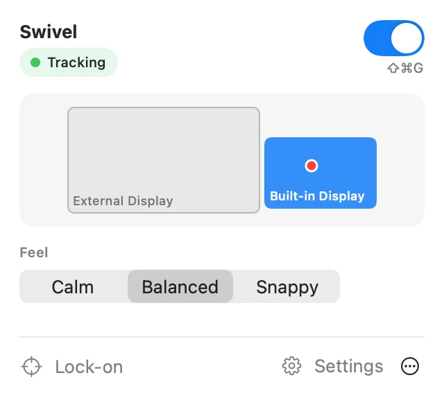 Swivel’s menu-bar panel: tracking is on, a map of two displays with the built-in display highlighted, and the Calm, Balanced and Snappy presets